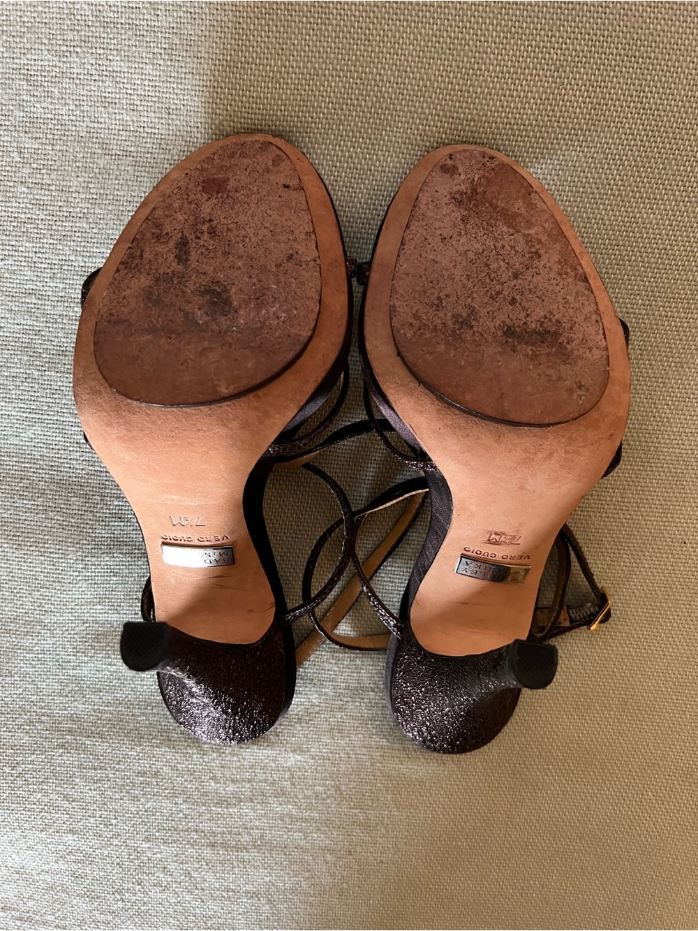 Badgley Mischka Bronze Glitter Strappy T‑Bar Sandals - Picture 8 of 8